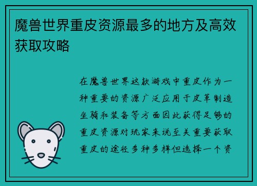 魔兽世界重皮资源最多的地方及高效获取攻略
